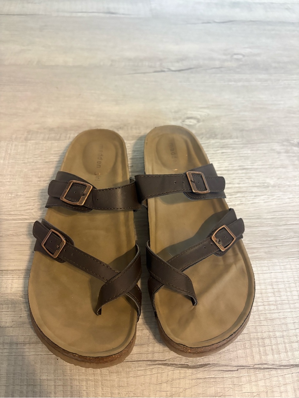 Madden Girl Women’s Brown Leather Adjustable Strap Sandals